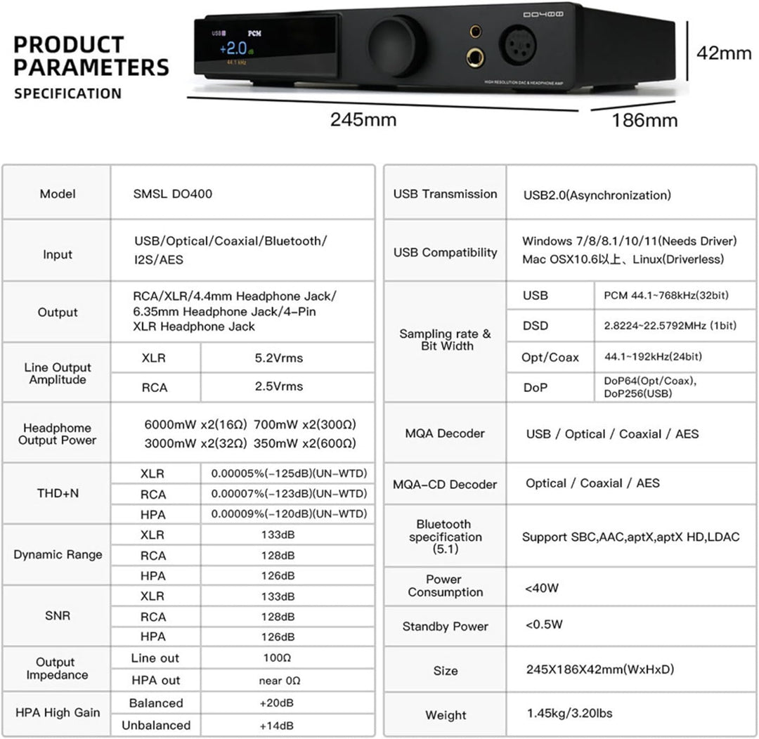 SMSL DO400 Full Balanced DAC Kopfhörer Amp ES9039MSPRO XMOS-XU316 USB MQA DAC Bluetooth 5.1 LDAC USB