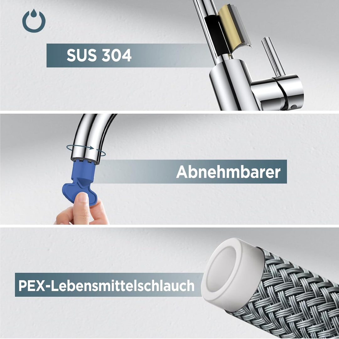 FORIOUS Wasserhahn Küche, Mischbatterie Küche, Küchenarmatur mit 360°Drehbar, Spülenarmatur mit Einh