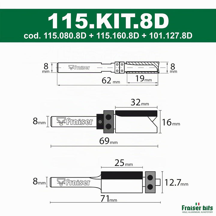 Fraiser 3er Set Kopierfräser und Bündigfräser mit oberem und unterem Kugellager – 8 mm Schaft, Präzi