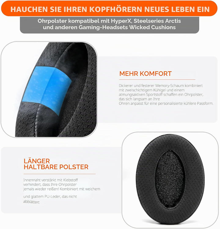 WC Freeze Hybrid Fabric Cooling Gel Ersatz-Ohrpolster – kompatibel mit HyperX Cloud, Steelseries Arc