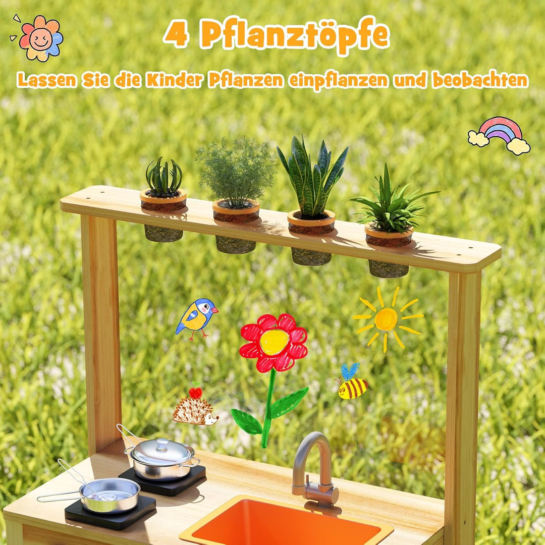 DREAMADE Matschküche Kinder Outdoor, Kinderküche mit Tafel & Acryl-Tafel & Pflanzentöpfen & Herd & S