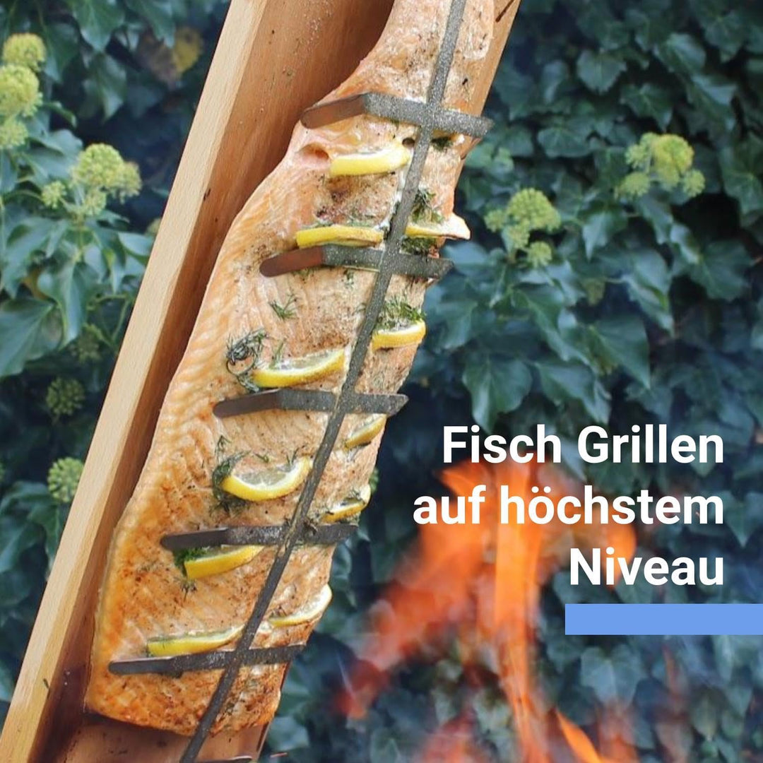 Premium Flammlachsbrett für Lagerfeuer mit Erdspiess, Flameboard & Erdspiess halten fest an jeder Fe
