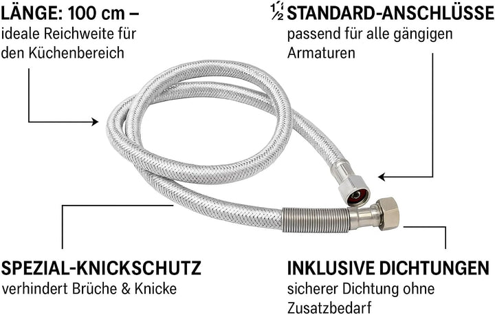 UZMAN Gastro Brauseschlauch 100cm mit Spezial-Knickschutz - 1/2" Standard Anschlüsse inkl. Dichtunge