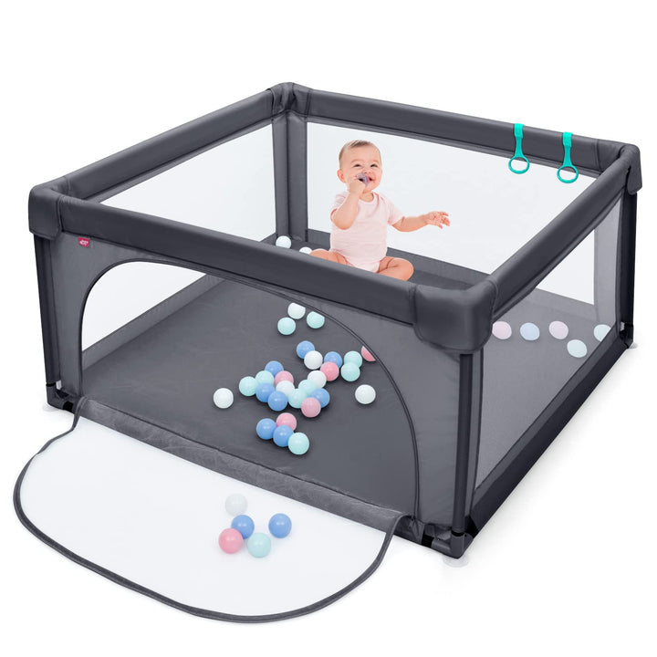 DREAMADE 120 x 120 cm Laufstall Baby, Laufgitter mit 50 Spielbällen & 2 Zugring, Schutzgitter mit At