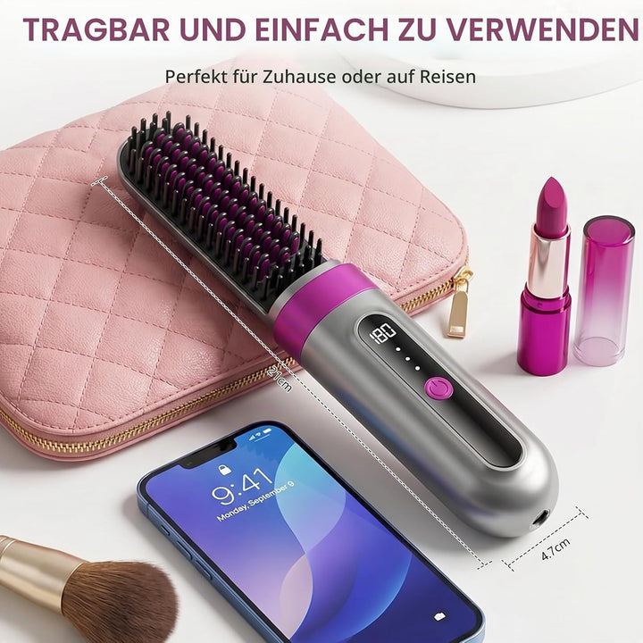 Tragbare Glättungsbürste für Haarstyling, Bwaliffury Kabellose Glättbürste, 4000mAh Wiederaufladbare