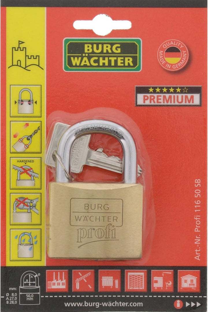 Burg-Wächter Vorhängeschloss, Profi 116 50 SB, inkl. 2 Schlüssel, Bügelstärke: 8 mm Bügelstärke: 8,0
