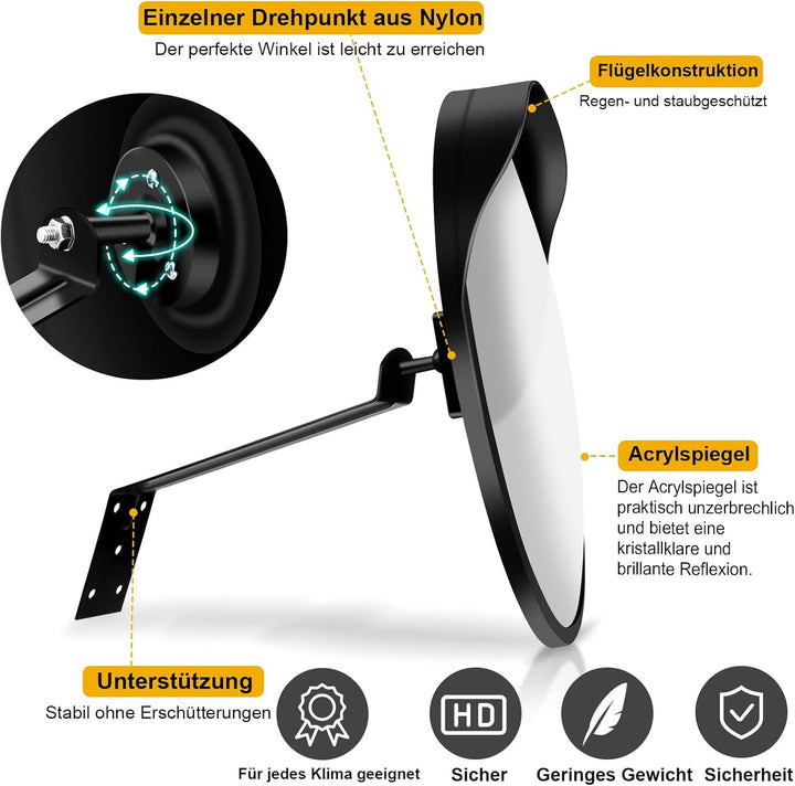 Angooni 40 cm Sicherheitsspiegel Verkehrsspiegel, Parkassistent, Verstellbarer Weitwinkel-Blickwinke