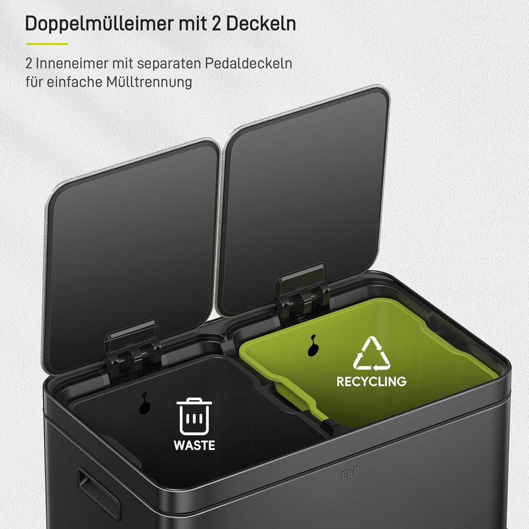 EKO Mülleimer Küche 2 Fächer, 2 x 30 Liter, Abfalleimer mit 2 Inneneimern Schwarz 30L+30L, Schwarz 3