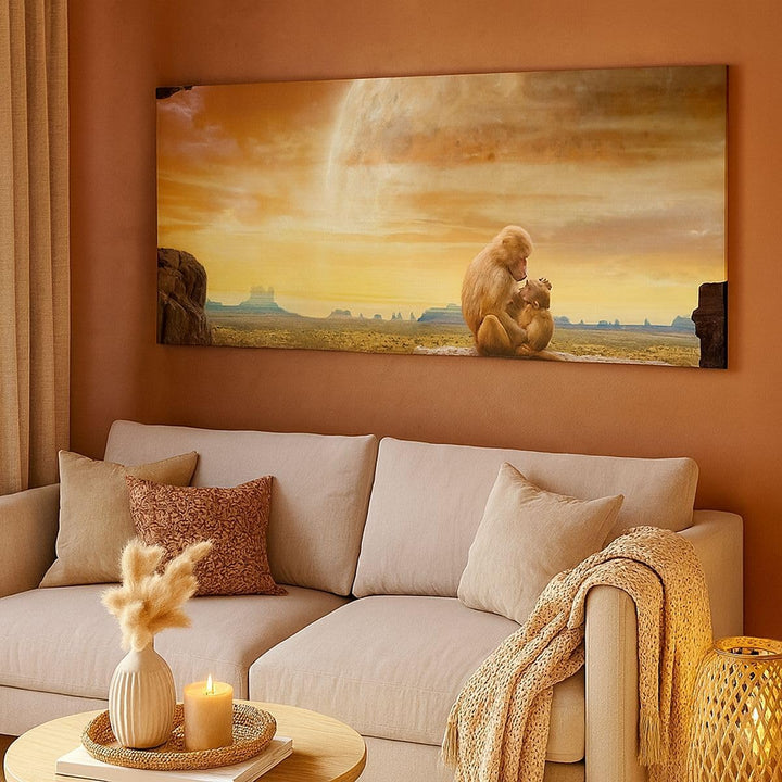 Wandbilder Dekoration Wohnzimmer Affen Mutter Natur Berg Panorama Bilder auf Leinwand 120x50cm Leinw