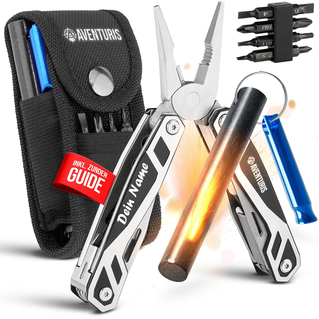 AVENTURIS® Multitool-Feuerstahl-Set PERSONALISIERT, Survival-Outdoor- Ausrüstung für Jede Situation