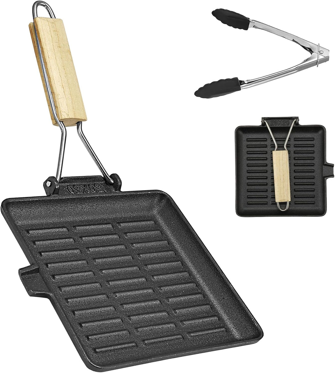Steakpfanne Gusseisen,20x20cm Grillpfanne mit Klappbarem Holzgriff und Lebensmittelclips,Klappbarer