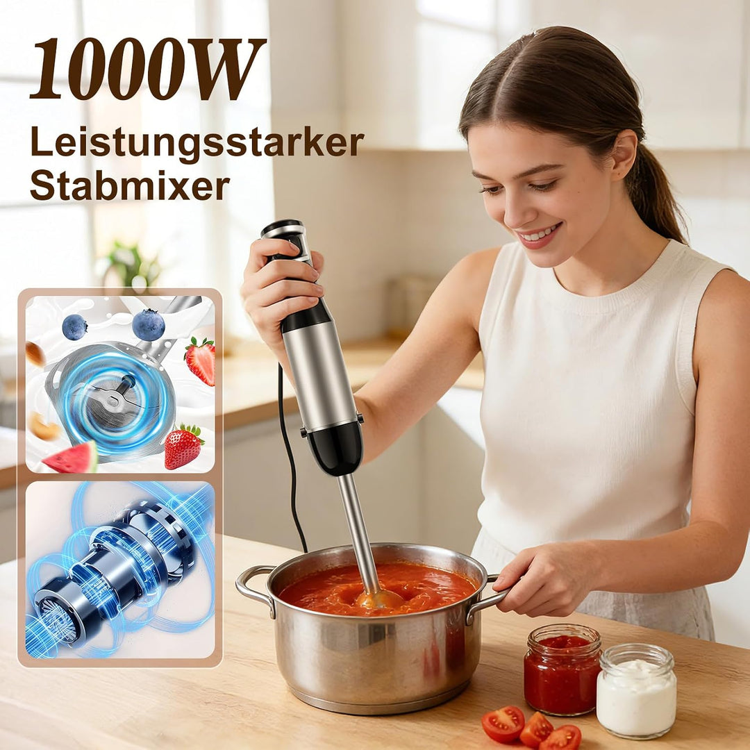 Stabmixer Set 5 in 1-1000W Pürierstab - Stufenlose Geschwindigkeit | Edelstahl Hand Blender Mit Schn