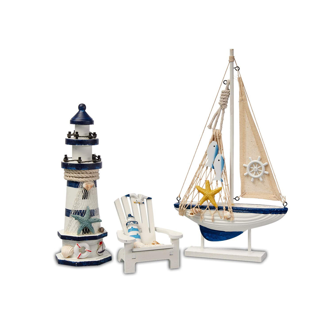 Flanacom Badezimmer Deko - 3er Set - Maritime Badezimmer Deko - Leuchtturm, Segel-Schiff und Strand-