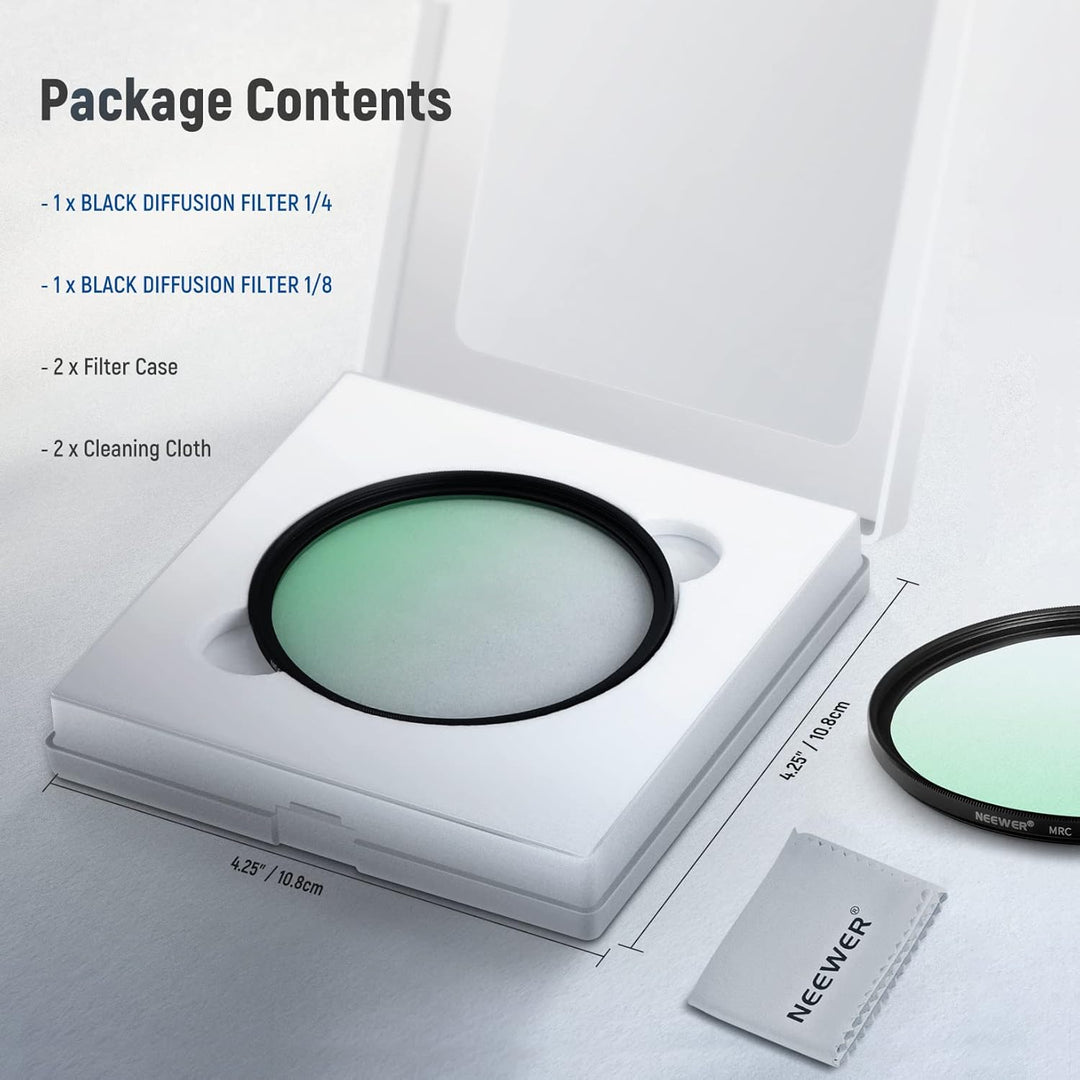 NEEWER 2er Pack 72mm Black Diffusion schwarzes Diffusions Objektiv Filter Set,1/4 & 1/8 Nebel Kinoef