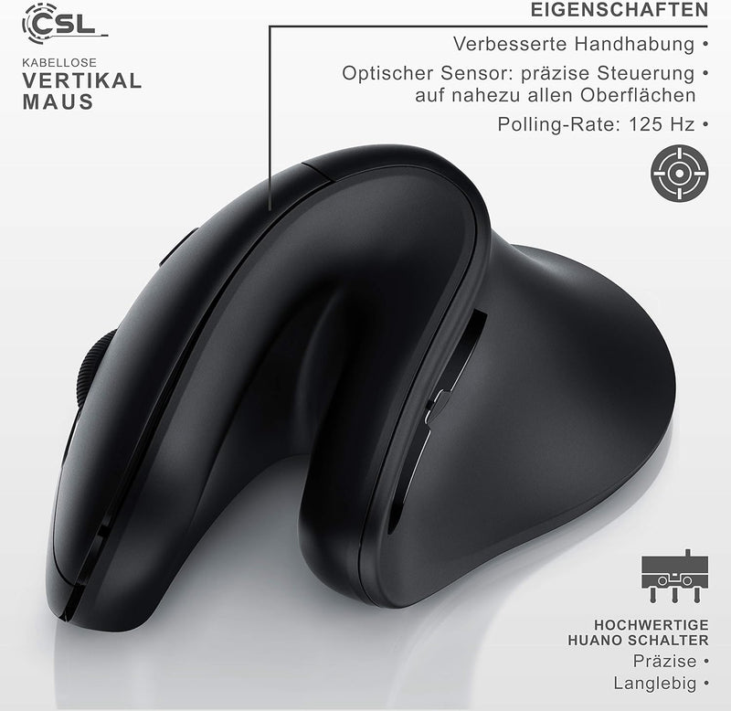 CSL - kabellose Vertikal Maus - Bluetooth + 2,4 GHz Funkmaus - Wireless Vertical Mouse – ergonomisch