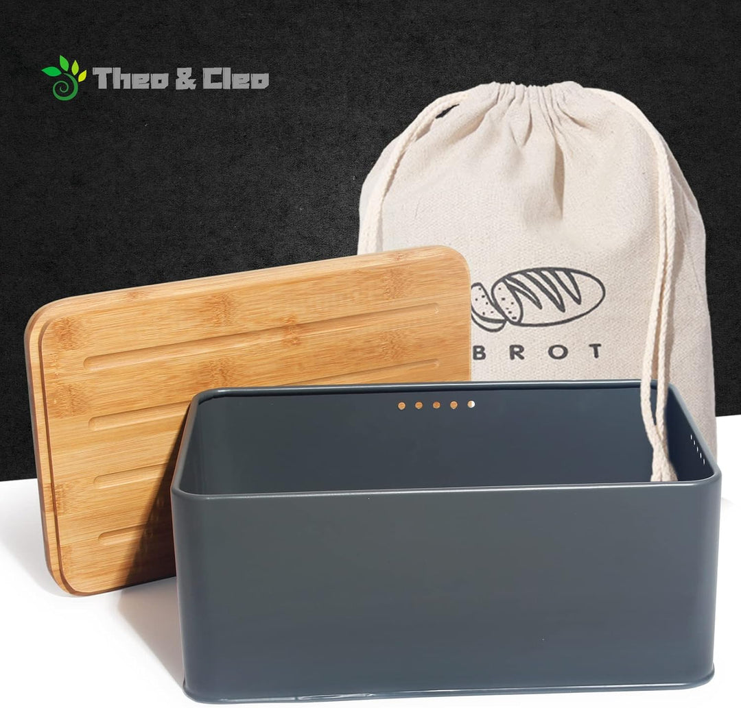 Theo&Cleo Brotkasten mit Schneidebrett , 33x21x15cm , Matte Brotbox mit Bambusdeckel und Leinen Brot