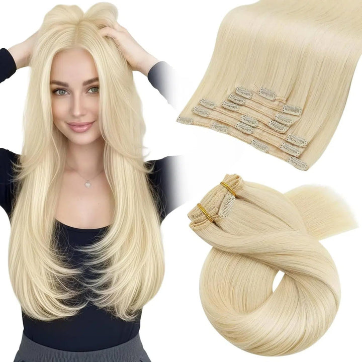 Moresoo Clip in Extensions Echthaar Blond Remy Echthaar Extensions Clip Platinblond Doppelt Tressen