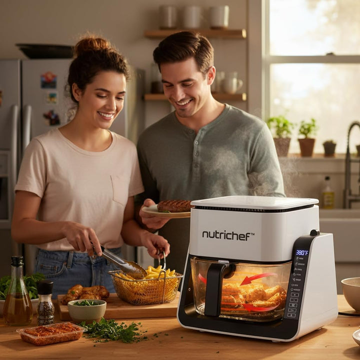 NutriChef 4L Airfryer & Elektrogrill – 7-in-1 Glas Heissluftfritteuse + 1.2L Grill Frittieren, Grill