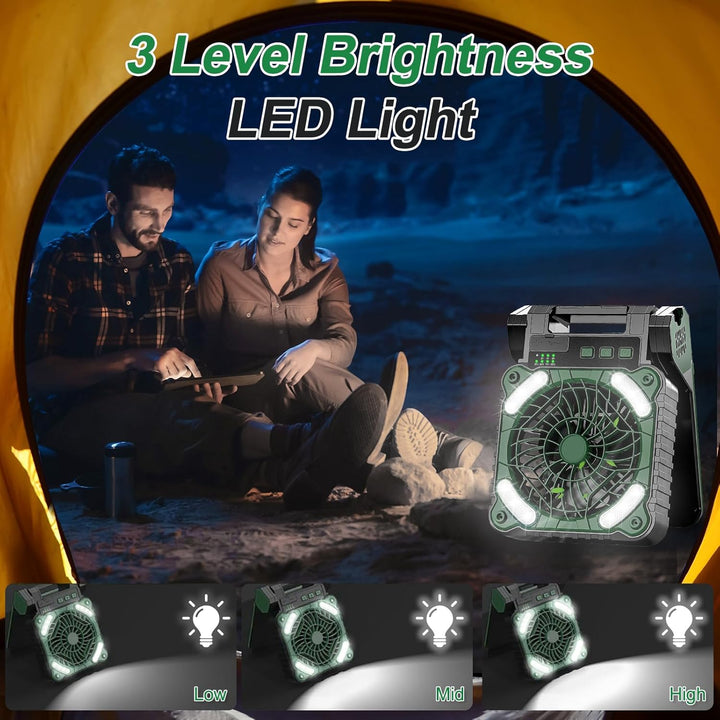 Camping Ventilator mit Akku 10400mAh, Solar Ventilator Outdoor mit LED-Licht, 4 Geschwindigkeiten Tr