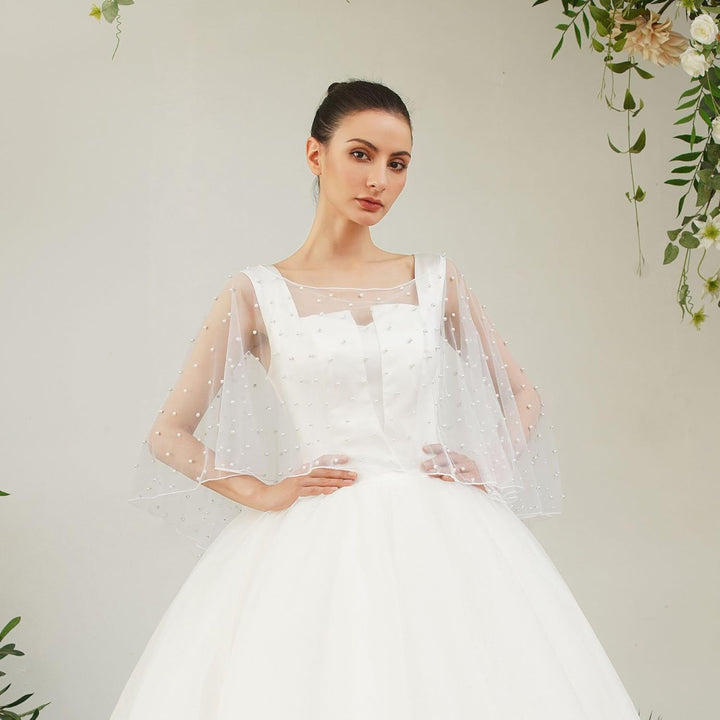 Tüll Perlen Umhang Weicher Organza Brautumhang Chiffon Schal Elegant Cape Kurzer Schulterumhang mit