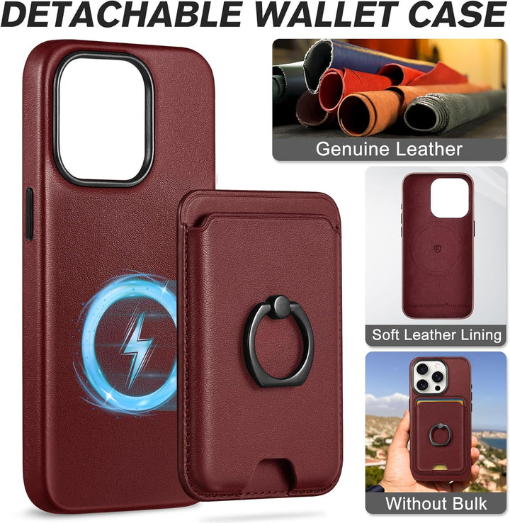 SHIELDON Hülle für iPhone 15 Pro Handyhülle Handy Kartenhalter [Echtleder] [2-IN-1 ] [Kabellos Aufla