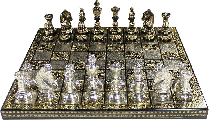 stonkraft Sammlerstück Messing Schachbrett mit 100% Messingfiguren Schachfiguren Münzen