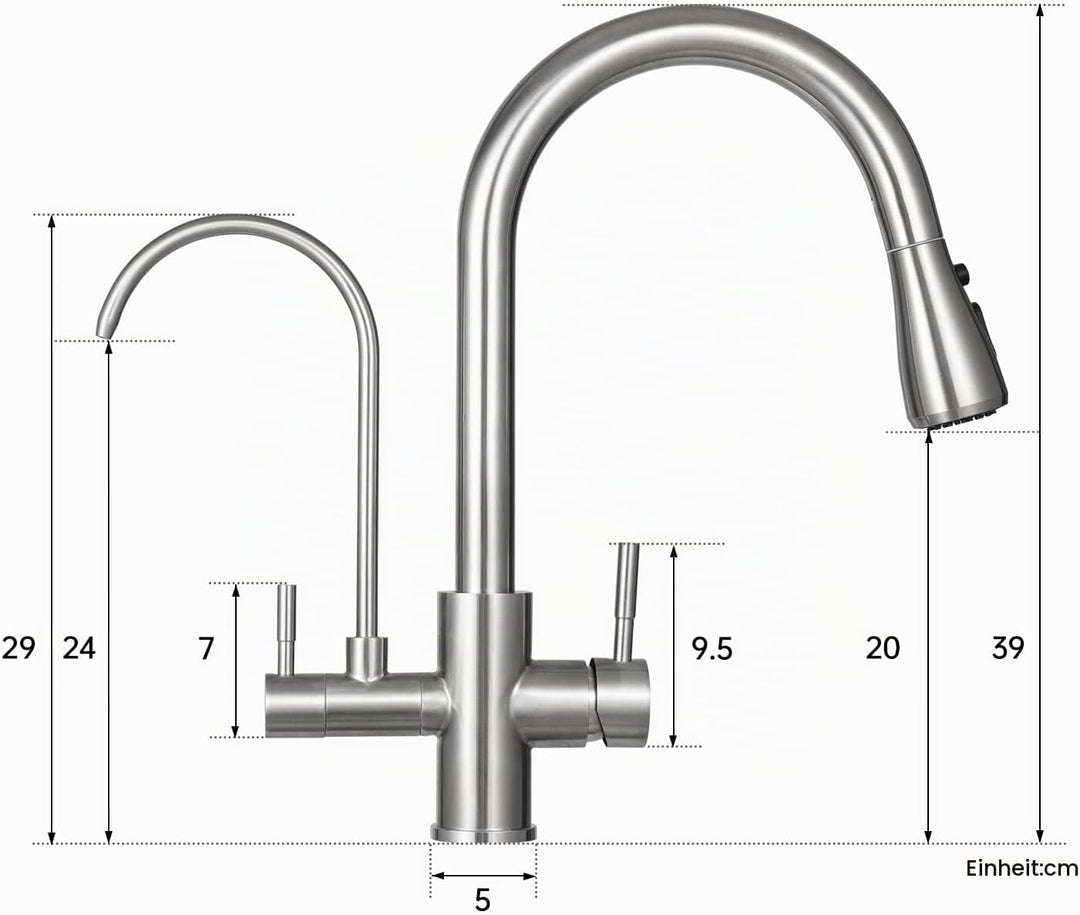 3 Wege Wasserhahn Edelstahl, 360° Drehbar Trinkwasserhahn mit Ausziehbarer Handbrause, 3 in 1 Küchen