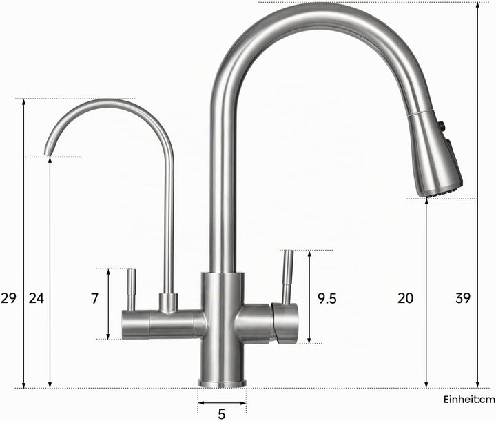 3 Wege Wasserhahn Edelstahl, 360° Drehbar Trinkwasserhahn mit Ausziehbarer Handbrause, 3 in 1 Küchen