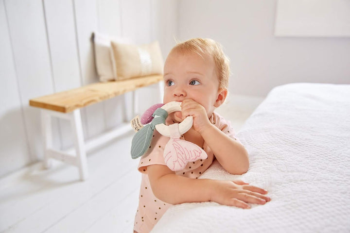 LÄSSIG Greifling Beissring Naturkautschuk und Bio-Baumwolle/Teether "Ring" Butterfly Pink/Minzgrün,