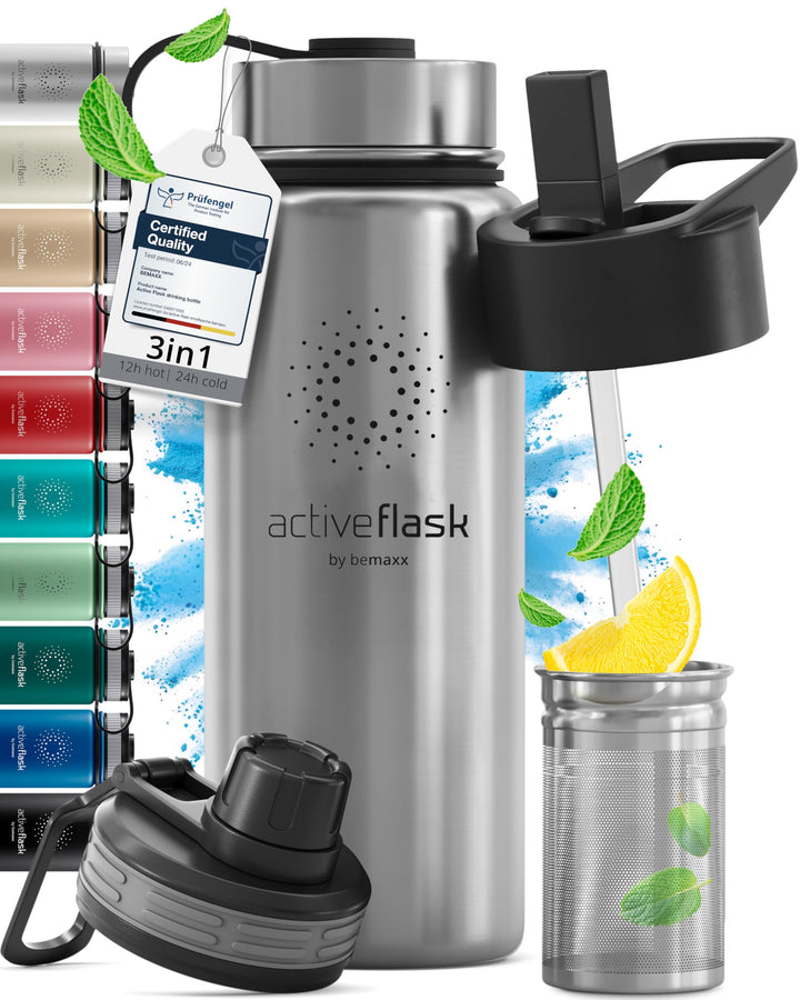 Trinkflasche Edelstahl ACTIVE FLASK + Strohhalm (3 Deckel) BPA-frei, Auslaufsicher, Kohlensäure geei