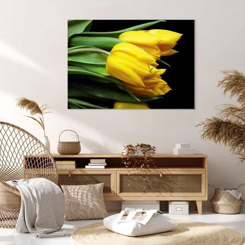 Bilder auf Leinwand 100x70cm Leinwandbild Tulpen Strauss Spiegelreflexion grün Gross Wanddeko Bild S