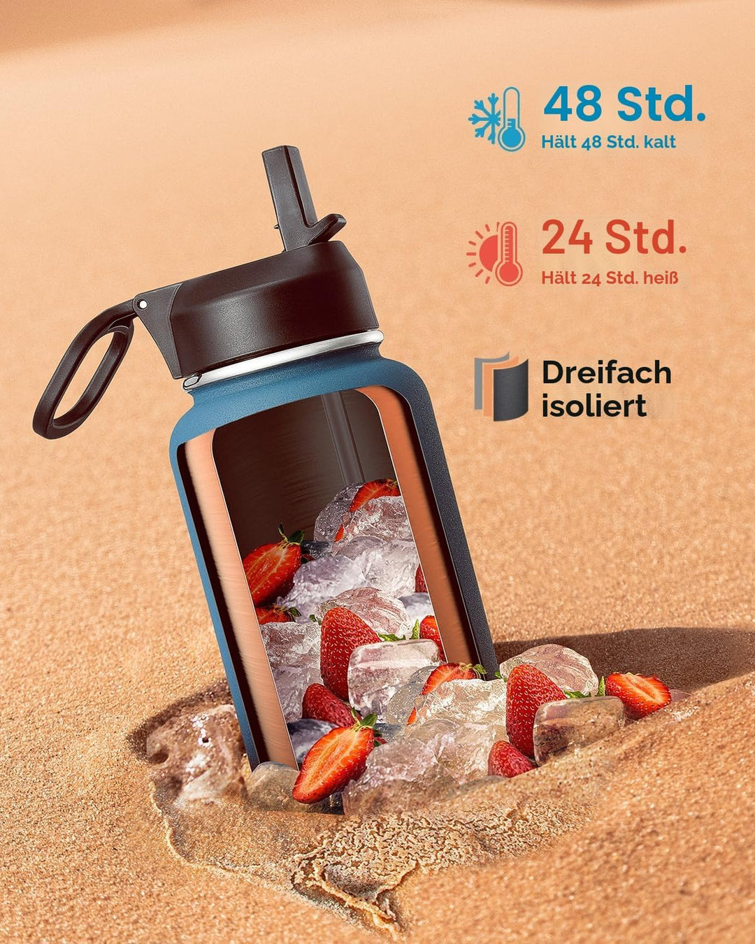 Coolflask Isolierte Wasserflasche 1L, Edelstahl Isolierte Wasserflasche mit Strohhalm & 3 Deckeln, D
