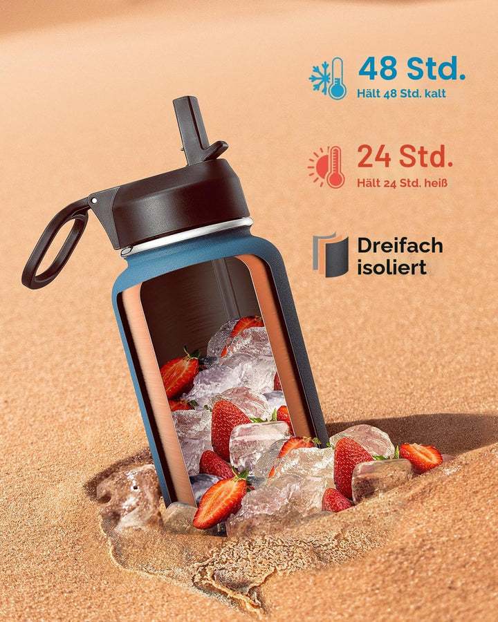 Coolflask Isolierte Wasserflasche 1L, Edelstahl Isolierte Wasserflasche mit Strohhalm & 3 Deckeln, D