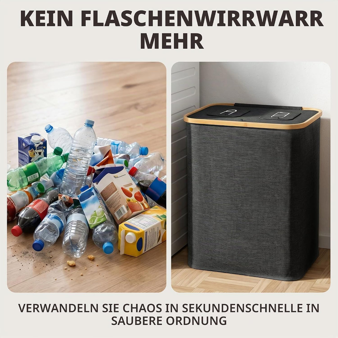 160L Pfandflaschen Sammelbehälter aus Bambus &amp; Stoff mit integrierter Tragetasche – Fassungsvermögen