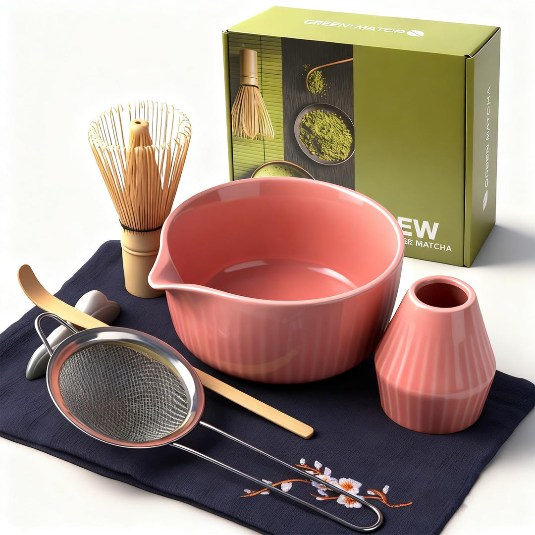 Matcha Set Premium 7-teilig Keramik: Matcha Schale, Bambus Besen (Chasen),Teebesenbasis，Teelöffel, S