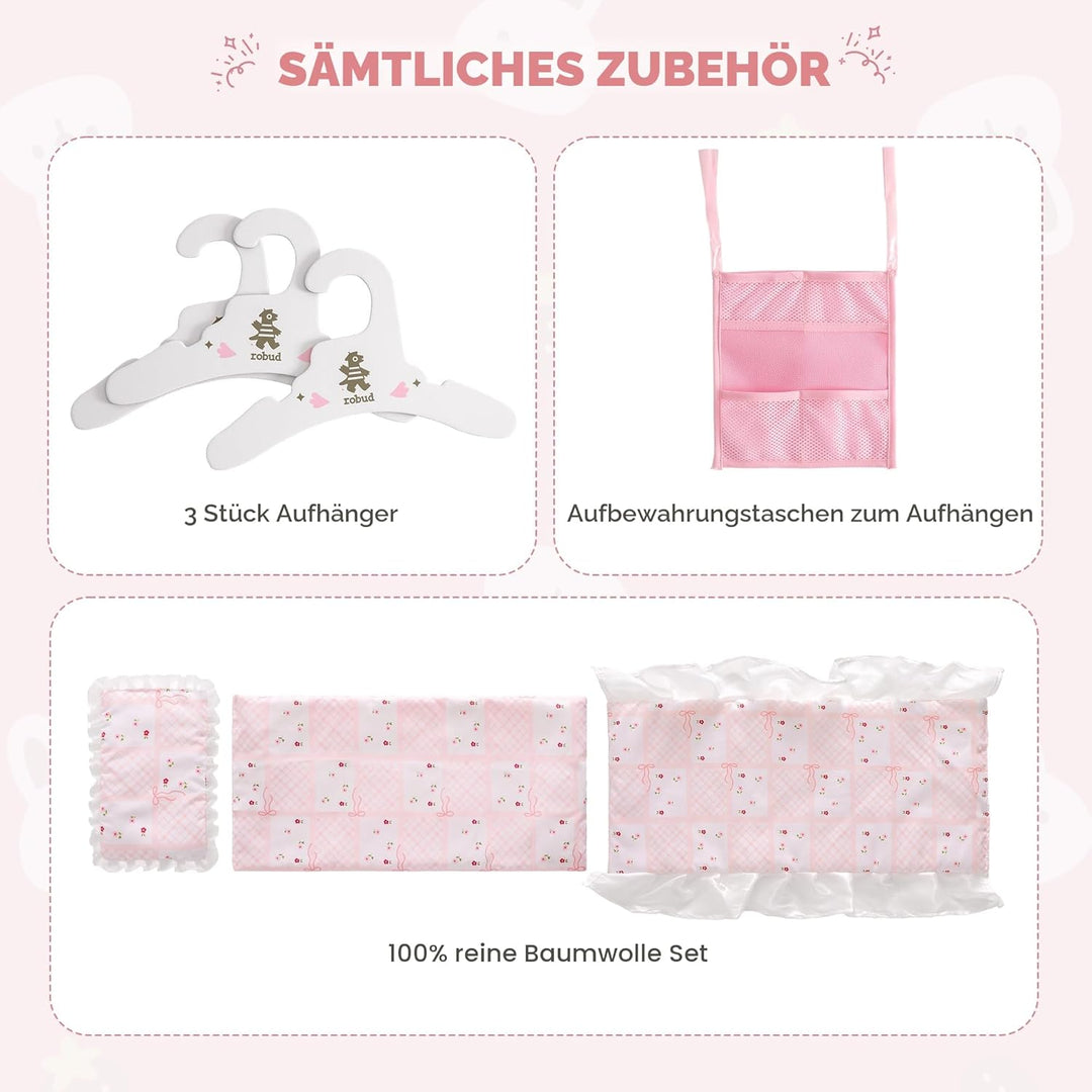 ROBUD Puppenbett mit Kleiderschrank – Holz Spielmöbel für Puppen bis 55 cm, mit Zubehör & grossem St