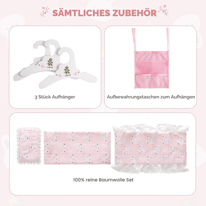 ROBUD Puppenbett mit Kleiderschrank – Holz Spielmöbel für Puppen bis 55 cm, mit Zubehör & grossem St