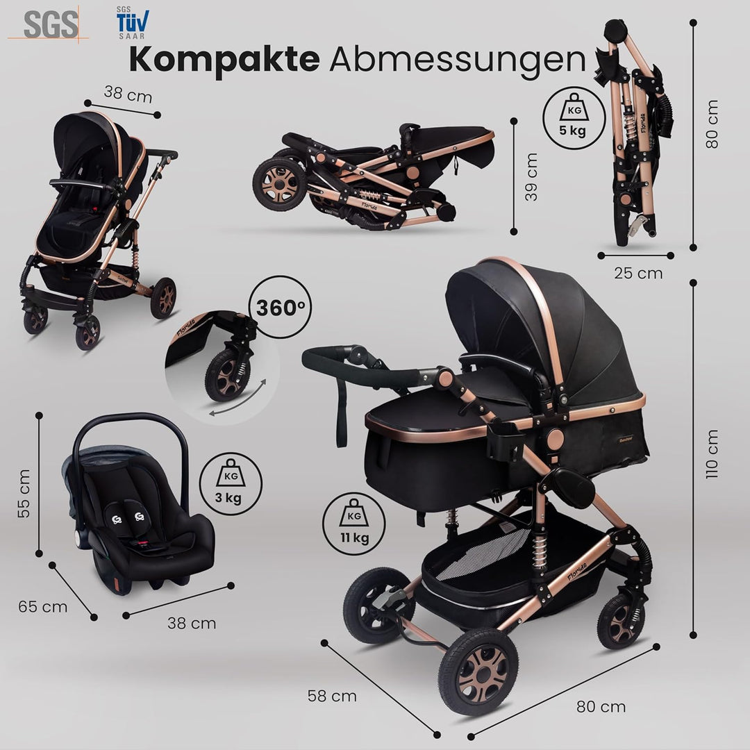 GaGaDumi Florida Kinderwagen 3 in 1 Komplettset mit Autositz - Baby Stroller TÜV - Kombikinderwagen