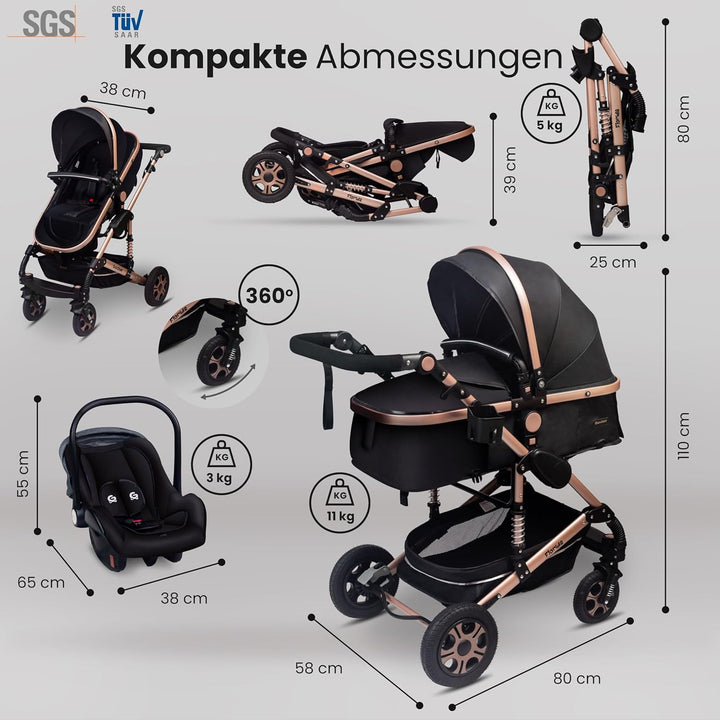 GaGaDumi Florida Kinderwagen 3 in 1 Komplettset mit Autositz - Baby Stroller TÜV - Kombikinderwagen