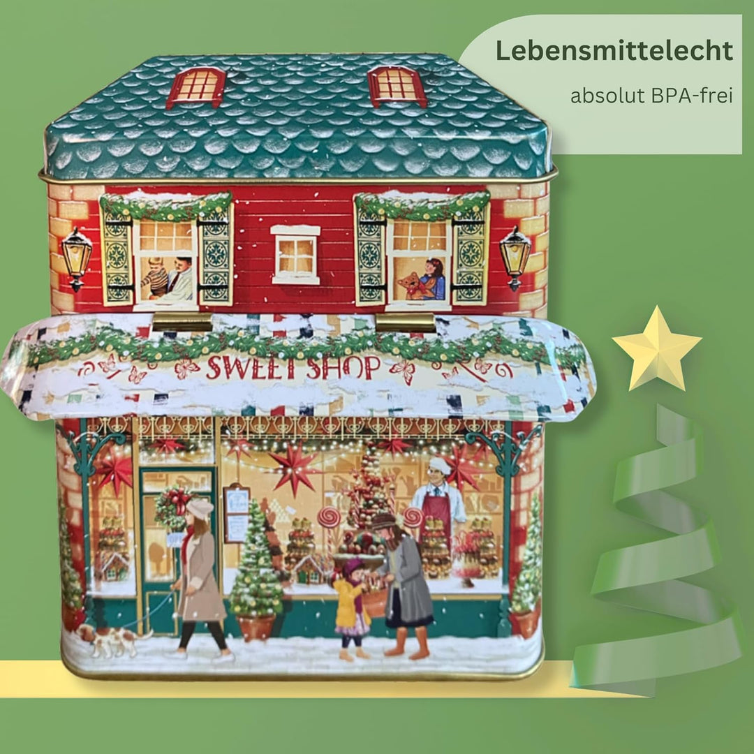 MediMuc Kleines Haus Winter Sweet mit Vordach - Dose, Gebäckdose, Geschenkdose, Sammlerdose - Volume