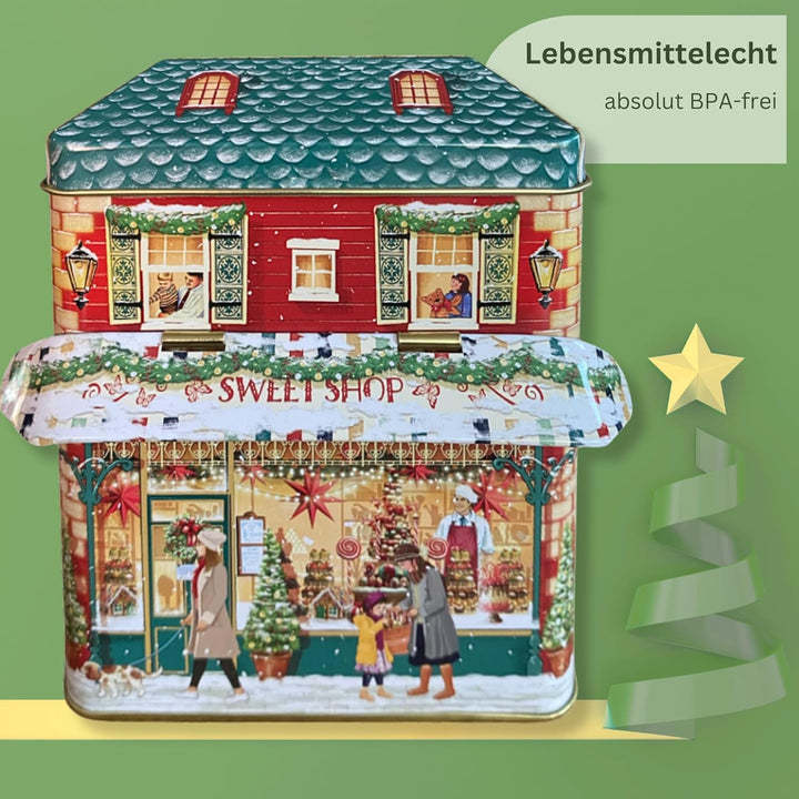 MediMuc Kleines Haus Winter Sweet mit Vordach - Dose, Gebäckdose, Geschenkdose, Sammlerdose - Volume
