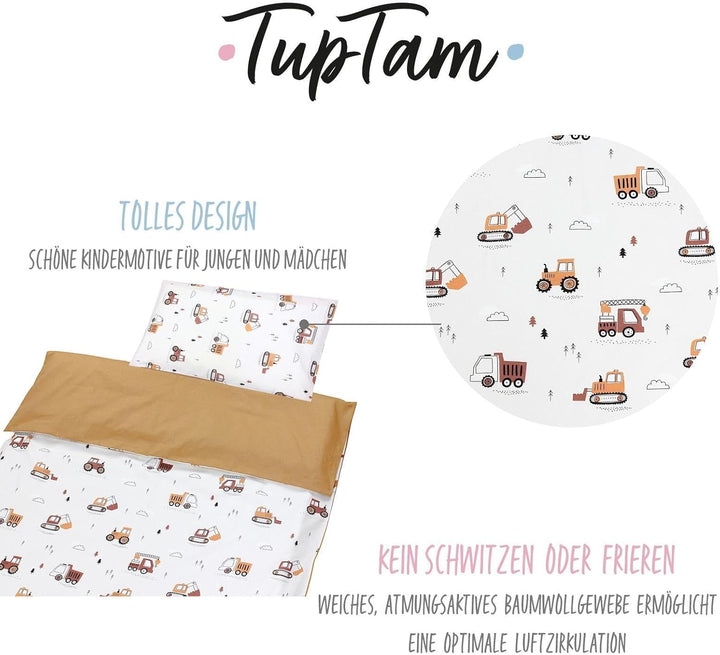 TupTam Kinder Bettwäsche Gemustert 2-Teilig Wendebettwäsche, Farbe: Baufahrzeuge/Bagger/Beige/Kakaob