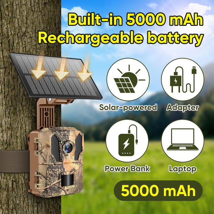MYPIN Wildkamera 4K 64MP, Solar WLAN Jagdkamera mit Nachtsicht, 5000mAh Akku, IP66 Wasserdicht, Bewe