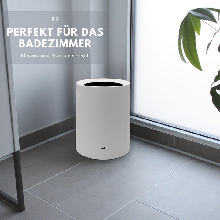 Nell 8L Mülleimer Bad Weiss Matt – Eleganter Kosmetikeimer und WC Mülleimer, Vielseitiger Büro- und