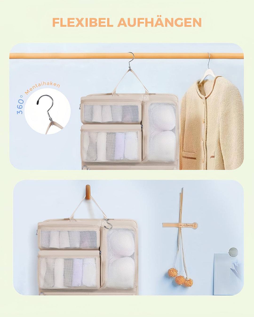WANDF 6-in-1 Packing Cubes Koffer Organizer mit 360°-Aufhängehaken, Wasserabweisende Packwürfel Komp
