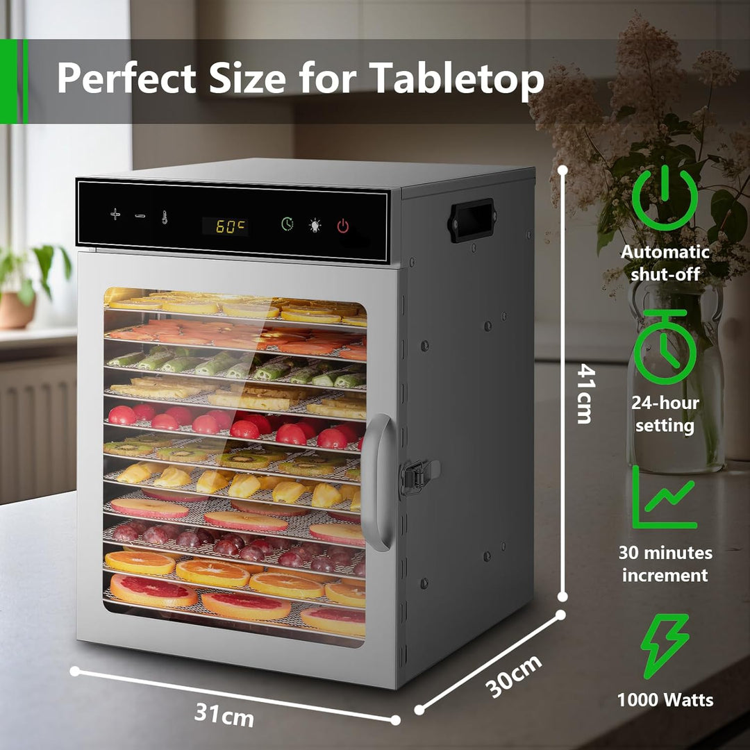 Dörrgerät aus Edelstahl, oiyocemo Obsttrockner mit 12 Tabletts und kostenlosem Rezeptbuch, BPA-frei,