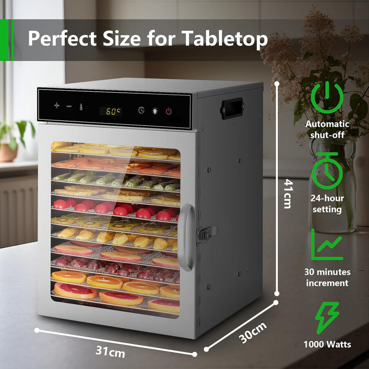 Dörrgerät aus Edelstahl, oiyocemo Obsttrockner mit 12 Tabletts und kostenlosem Rezeptbuch, BPA-frei,