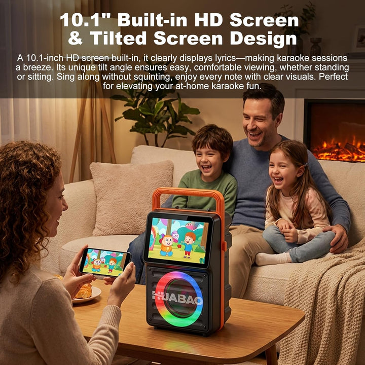 Karaoke-Maschine mit integriertem 10,1-Zoll-Bildschirm, Bluetooth-Lautsprecher mit Liedtextanzeige,