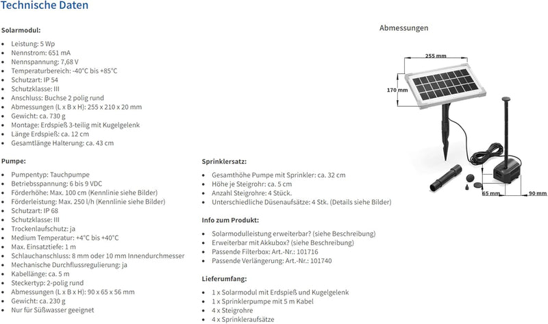 Solar Teichpumpe 5 Watt Solarmodul 250 l/h Förderleistung 100 cm Förderhöhe esotec Professional Prod