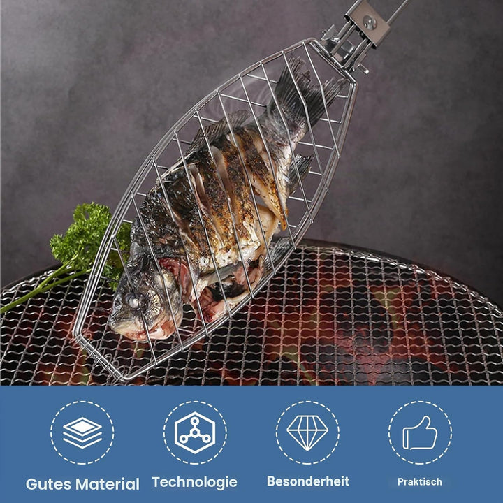 Fisch Grillhalter mit Holzgriff 4er, 63x12cm Grosse Fischbräter Fischgriller mit Griff, Edelstahl Gr